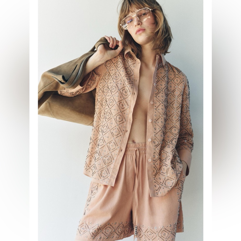 ZARA CO-ORD EMBROIDERED BEADED SHIRT & SHORTS SET ZW COLLECTION